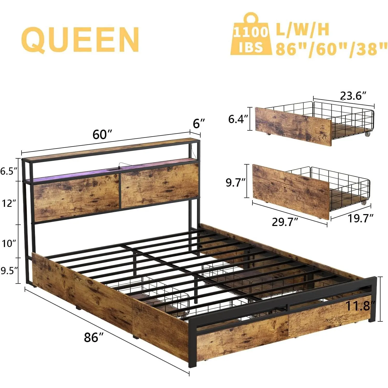 Queen Bed Frame with Storage Headboard and 4 Drawers LED Lights Metal Platform Non-Slip Without Noise Mattress Foundation Strong Metal Slats Support No Box Spring Needed