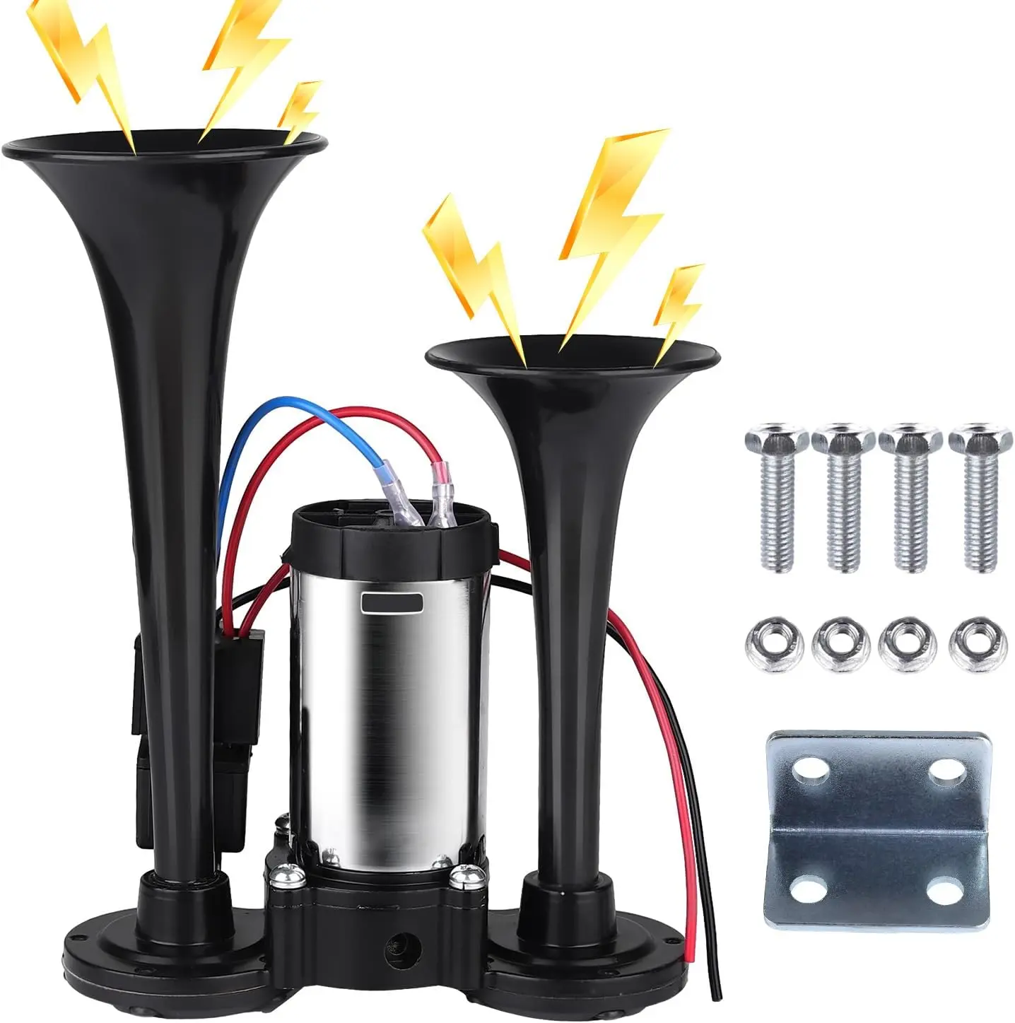 Upgraded 12V 130DB Air Horn Dual Trumpets, Super Loud Truck Train Horns Kit with Air Compressor for Any 12V SUV Motorcycle Trucks Pickup Lorries Trains Cars Boats