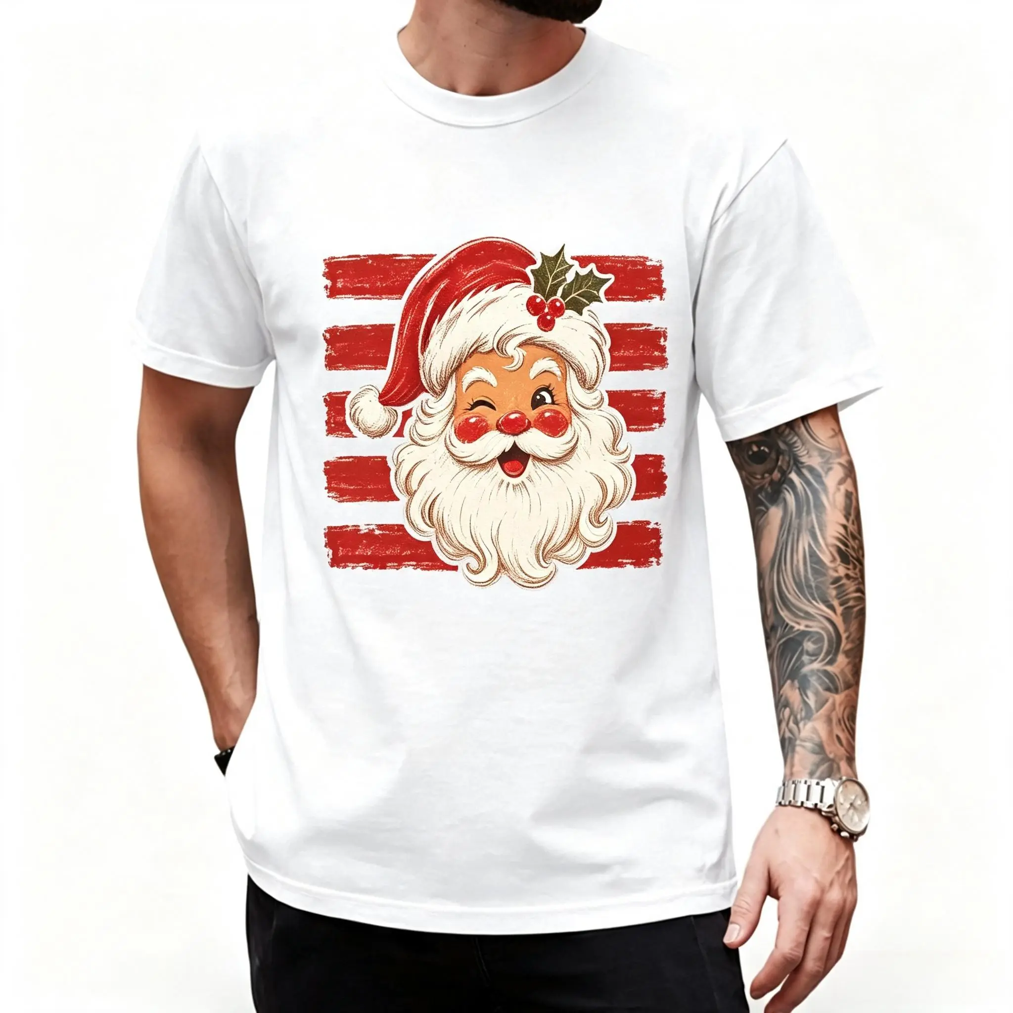 Oversized Crew Neck Short Sleeve T Shirt Featuring Distressed Horizontal Red Stripe Background Graphic Of Winking Cute Cartoon Santa Claus Head Decorated With Holly Berry Sprig Unisex Soft Cotton Casual Christmas Holiday Winter Party Basic Daily Top