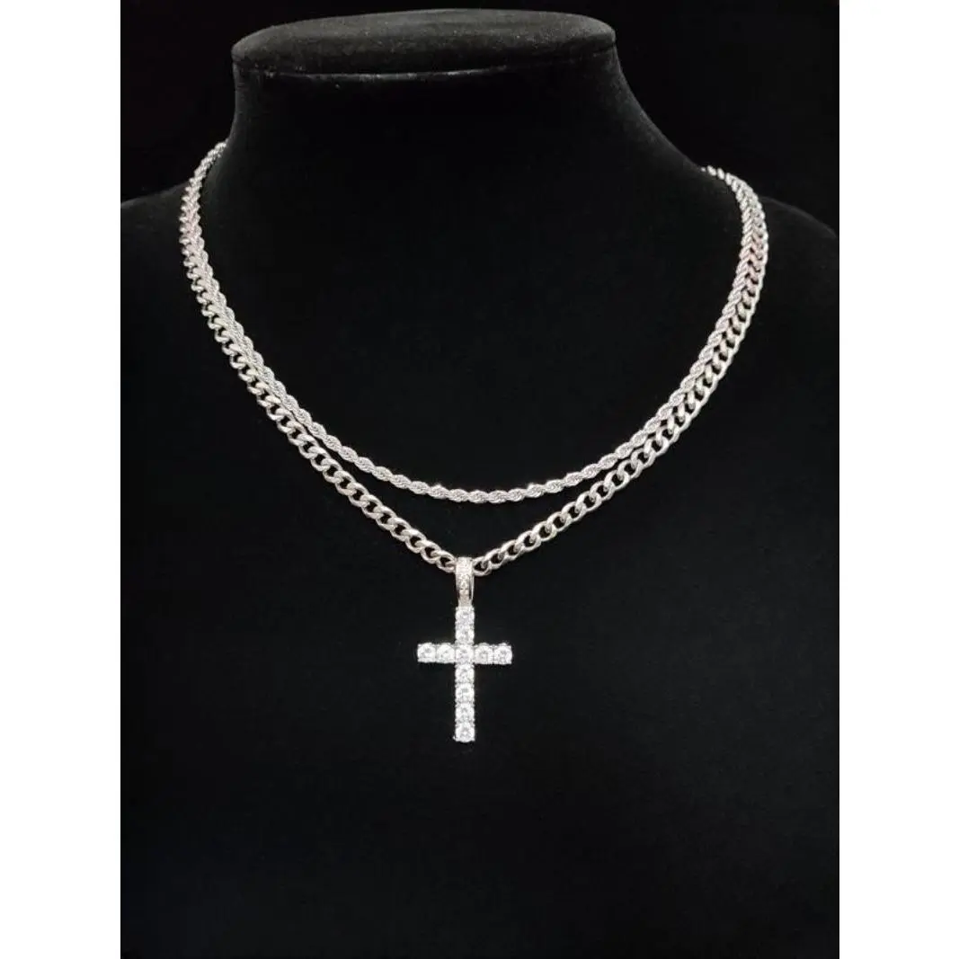 2025 Hip Hop Drip Stainless Steel Jewellery Set - Silver Rhinestone Cross Long Chain Necklace, Matching Bracelet, Streetwear Accessories Bundle, Bestie Gift Set for Students, Trendy