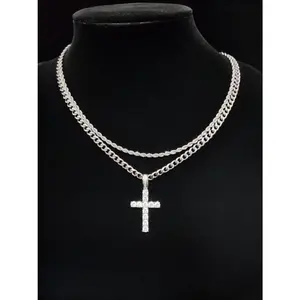 Trendy 2025 Hip Hop Twist Chain Necklace Set - Rhinestone Cross Pendant & Matching Bracelet, Stainless Steel Streetwear Jewelry | Bestie Gift, Back to School Accessories, Viral TikTok Fashion Jewellery Elegant Fashionable Decoration