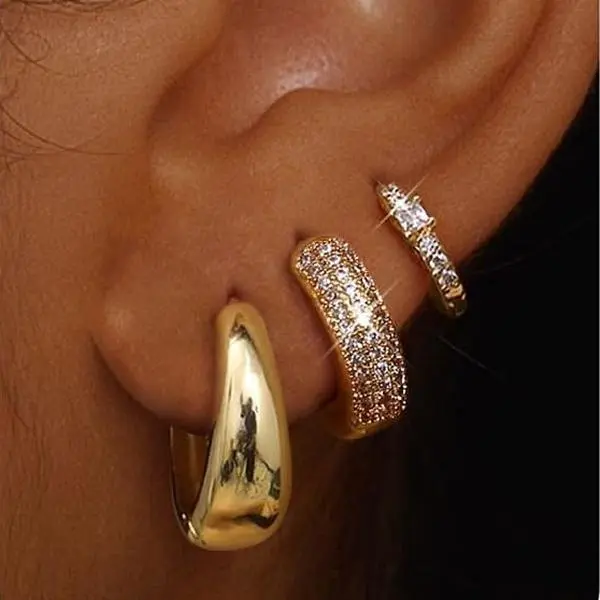 3Pcs-14K Gold Plated Hypoallergenic Gold Hoop Earrings for Women, Chunky Huggie Hoops with Pave Rhinestones, Stackable Minimalist Statement Jewelry for Sensitive Ears