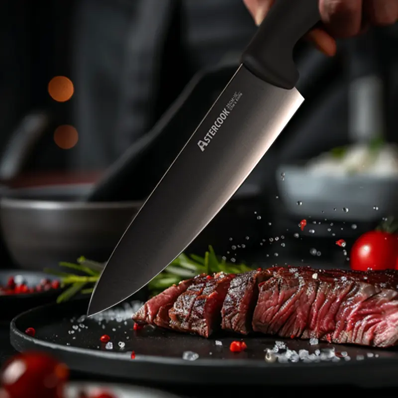Astercook 8-inch single knife - multi-purpose cutting tool - professional cutting tool - kitchen titanium-coated handsome chef's knife, suitable for camping and picnics, a good helper for home kitchen cooking