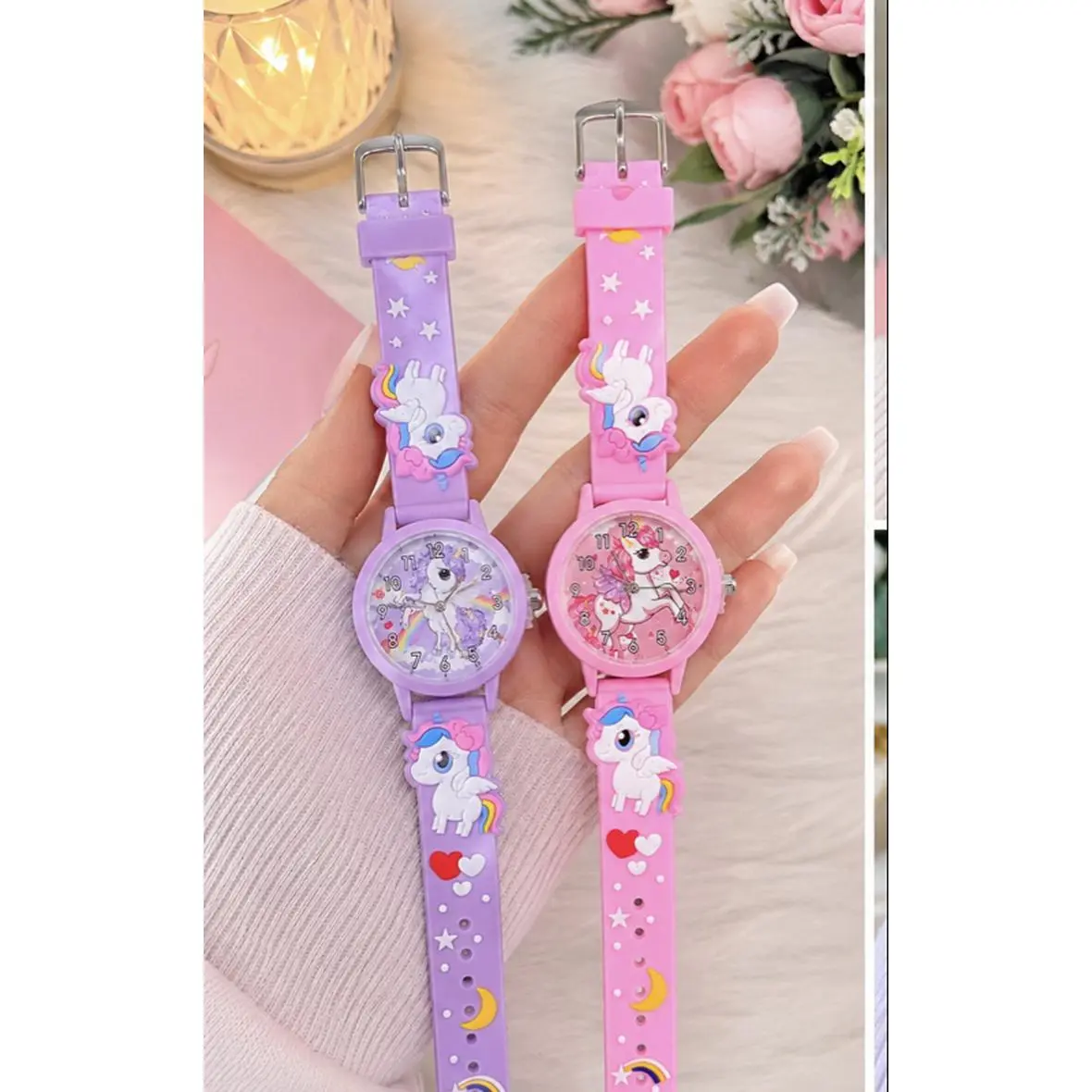Kids Unicorn Analog Watch in Pink & Purple Soft Silicone Strap 3D Design Easy-to-Read Dial for Girls Ages 3-10 Perfect for School & Gifts