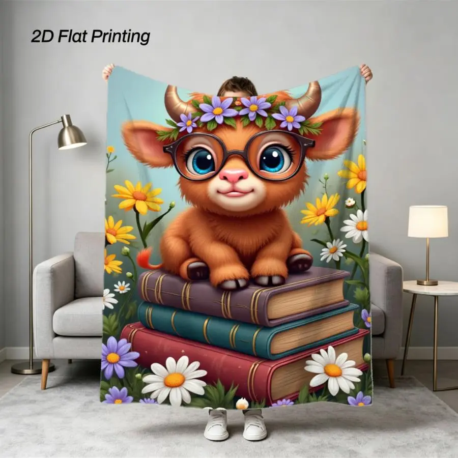1pc Soft Flannel Blanket Featuring a Cute Brown Calf with Bow on Vintage Books in a Floral Garden, All-Season Multi-Size Machine-Washable Throw for Sofa Room Living Room Camping, Whimsical Storybook Design Gift for Family And Friends