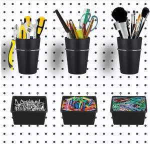 6 Sets Pegboard Bins Pegboard Cups with Hooks, Pegboard Hooks Assortment, Hooks for Pegboard Cup Holder for Organizing Accessories Tools Storage Office Workshop Garage Workbench Black Metal Organiser Racks Stainless