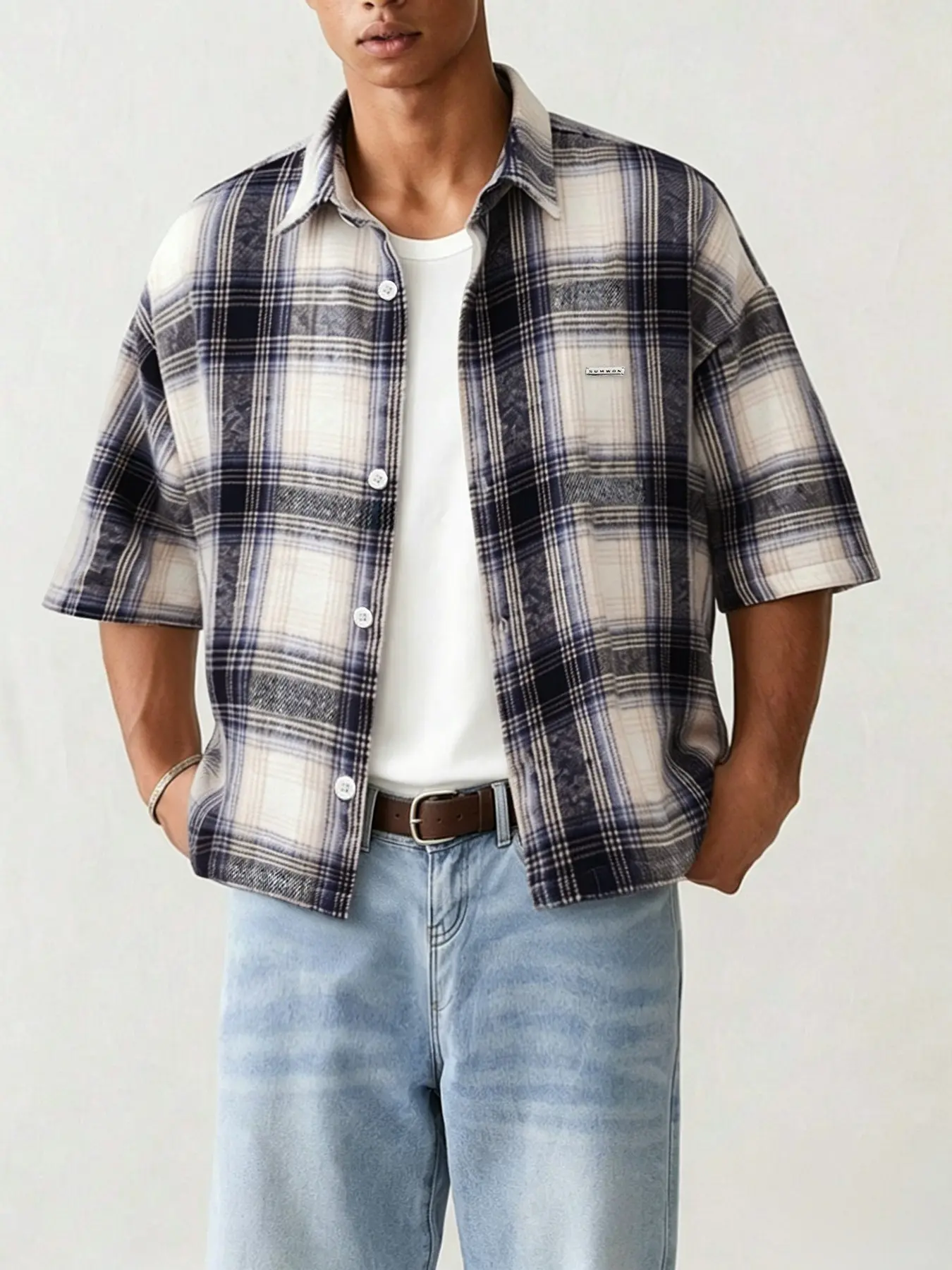 Men's Vintage Plaid Short Sleeve Button-Up Shirt, Button Front, 90s Retro Street Style, Urban Fashion, Casual Wear, Soft Breathable Flannel Fabric, Casual Loose Fitting, Oversized Fit