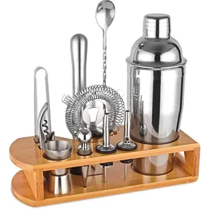 12-Piece Silver Cocktail Shaker Set Bartender Kit with Bamboo Stand, All Practical Bar Accessories for Drink Mixing, Home, Bar, Lounge & Party