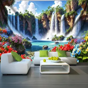 2D Flat Banner Polyester Photography Backdrop, Soft Lightweight Foldable HD Digitally Printed Vibrant Waterfall Landscape with Colorful Flowers Background Cloth for Studio Photos, Party Decor, Video Backgrounds, and Home Wall Art