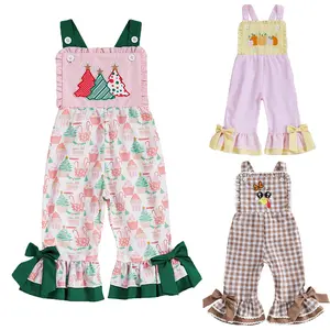 Toddler Baby Girl Thanksgiving Halloween Christmas Outfit Sleeveless Turkey Pumpkin Suspender Overalls Pants Christmas Tree Flared Bell Bottoms Romper Jumpsuit