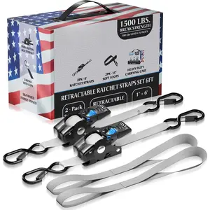 Based Retractable Ratchet Straps (2PK) 1in x 6ft - 1,500lb Break Strength, Heavy Duty Automatic Ratchet Straps Self Retractable Tie Down, Push Button Retracting  Trailer Cargo | Gray