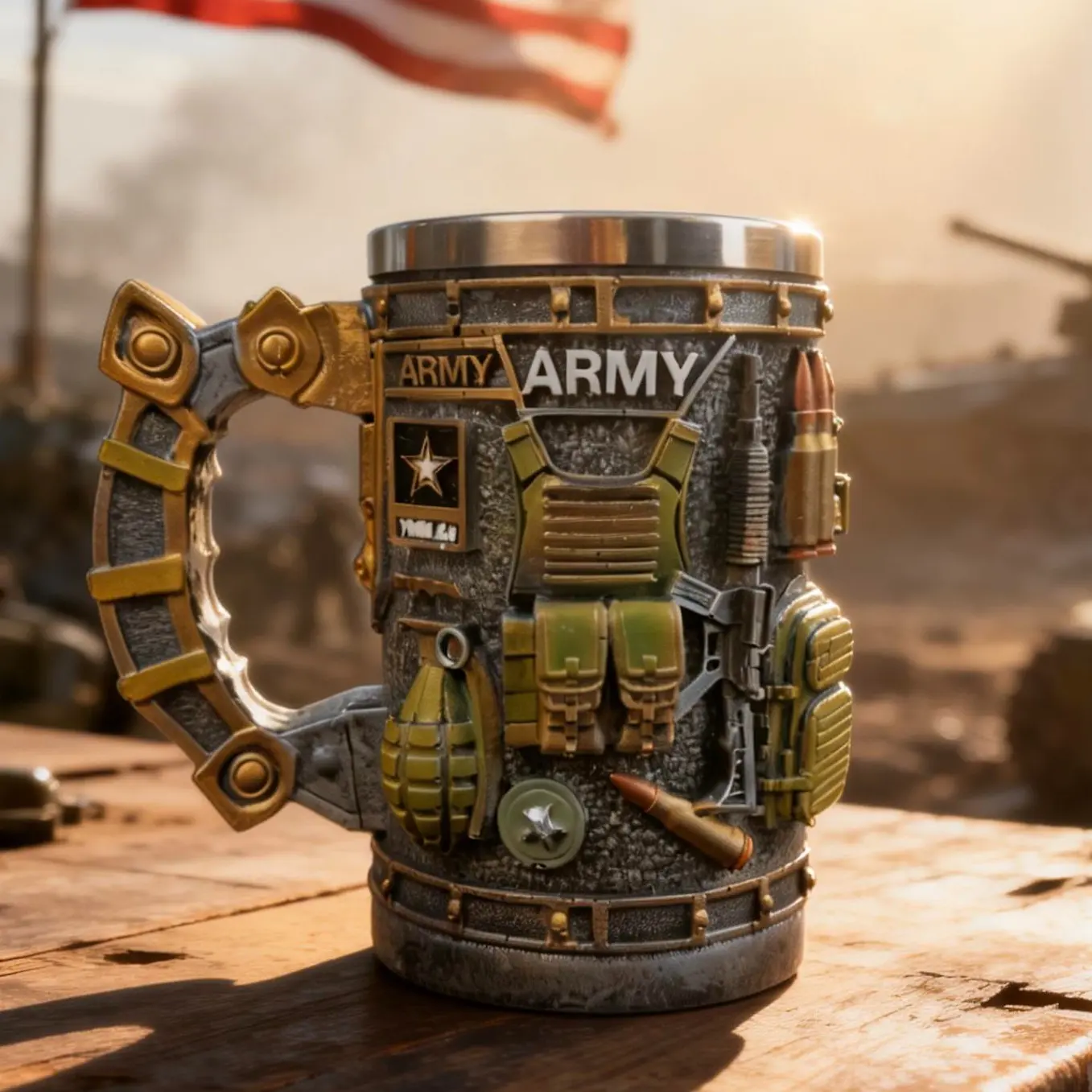US Army Style 3D Embossed Coffee Mug, Tactical Military Tankard with Rifle & Grenade Details, Nice Gift for Veterans & Soldiers