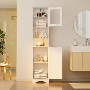 Gizoon 67.1" Tall Bathroom Storage Cabinet with Adjustable Shelves Narrow Tall Linen Tower with Open Shelves Two-Way Doors Freestanding Cabinet with Anti-Tip for Home Kitchen Living Room