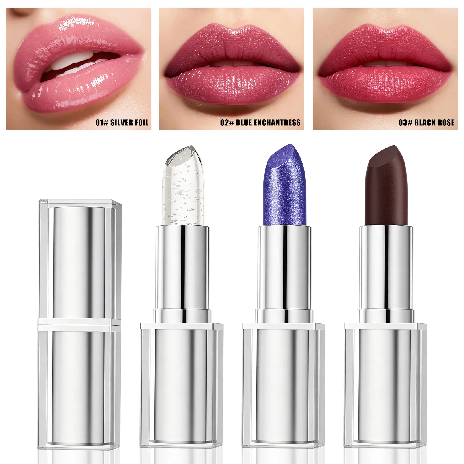3-Piece Color Changing Lipstick Set, Moisturizing Lip Balm and Lip Primer, Silver Foil Blue Enchantress Black Rose Shades, Smooth Hydrating Lip Care Stick for Soft Glossy Lips.