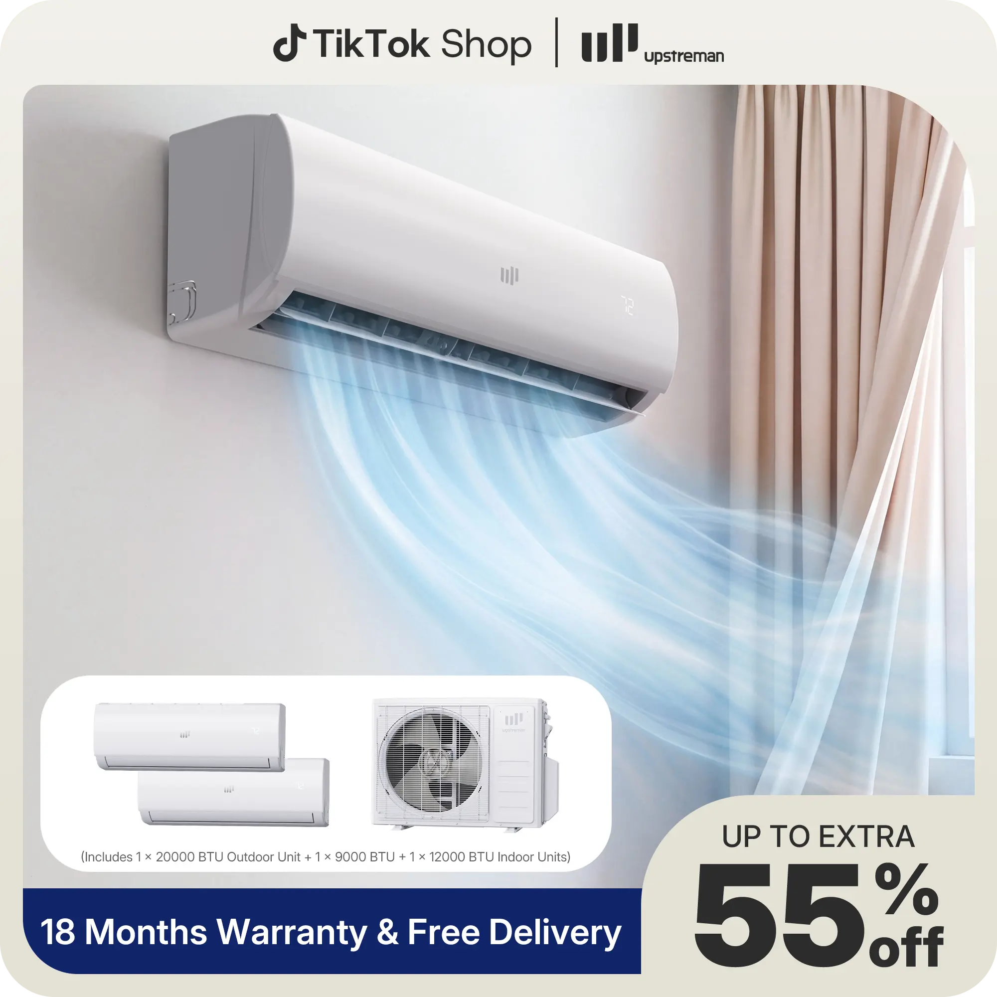 Upstreman 2-Zone Multi-Function Airconditioner - 20000BTU, 20 SEER2, 230V Pre-Charged I20-230V Split Type Mini Splits, Zoned Control, Cooling/Heating, Adjustable WiFi, All-Weather Wide Temp Operation, Energy-Efficient Dehumidifier for Family Homes