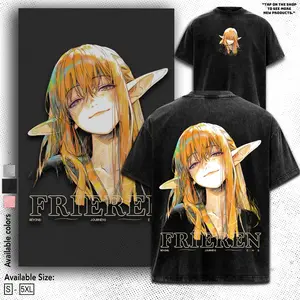 Frieren Serie Beyond Journey's End line art Manga Anime Double Printed Acid Washed Top men's Menswear graphic tee merch unisex Cotton Fabric