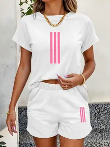 Women's Summer Casual Striped Print Matching Set, Thin Milk Silk T-Shirt & Shorts, Fitted Regular Length Tops, 2 Piece Outfit Womenswear Clothes Lady