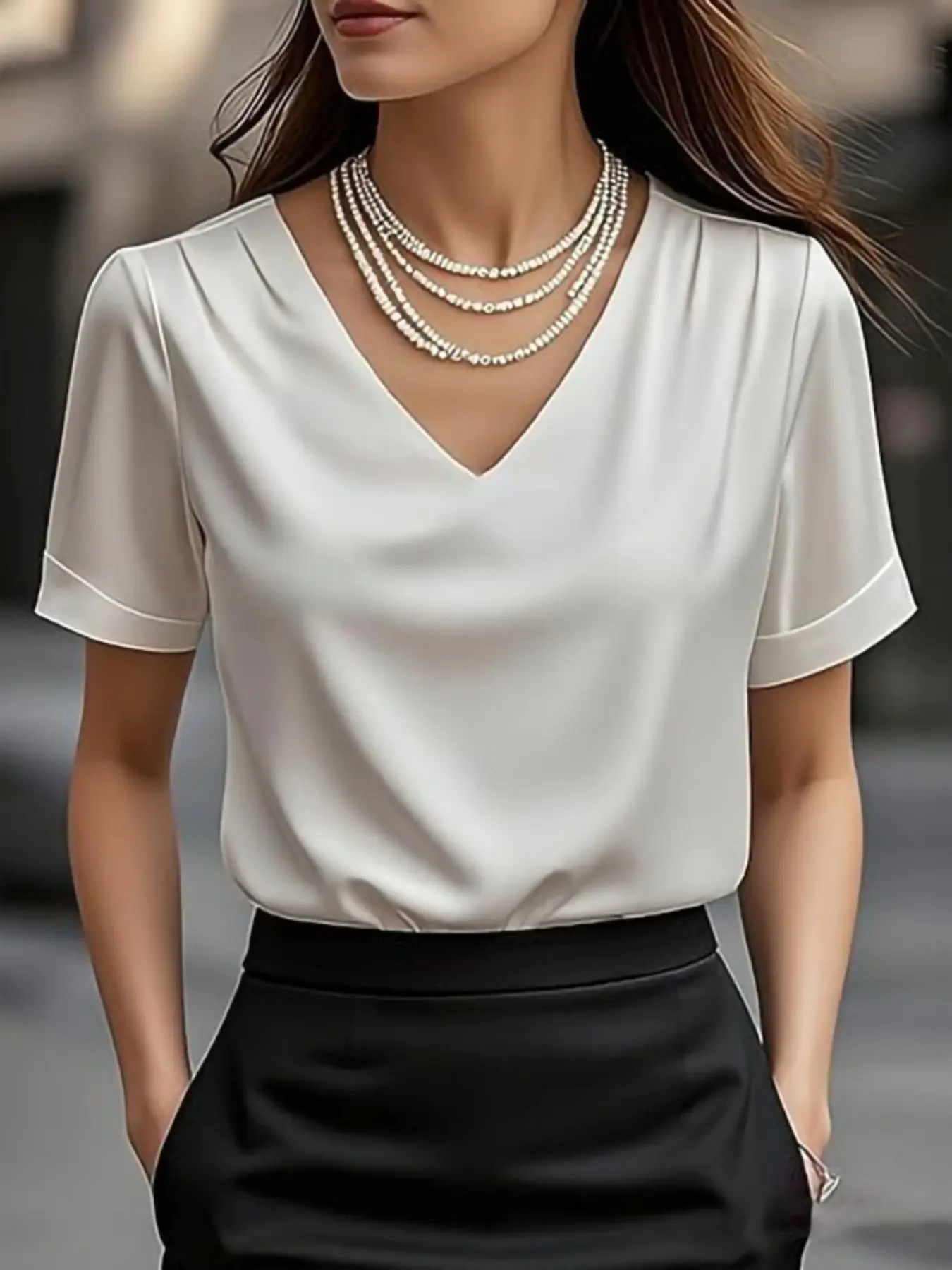 Women's Elegant Satin Blouse, Smooth Fabric Pleated V-Neck Design, Suitable for Casual, Everyday or Formal Occasions, Stylish Short Sleeve Shirt