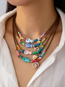 Boho Style 4-Piece Set Beaded Necklaces for Women, Layered Design with Ceramic Fish Charms & Shell Pendant, Perfect for Casual Wear, Beachy Accessories