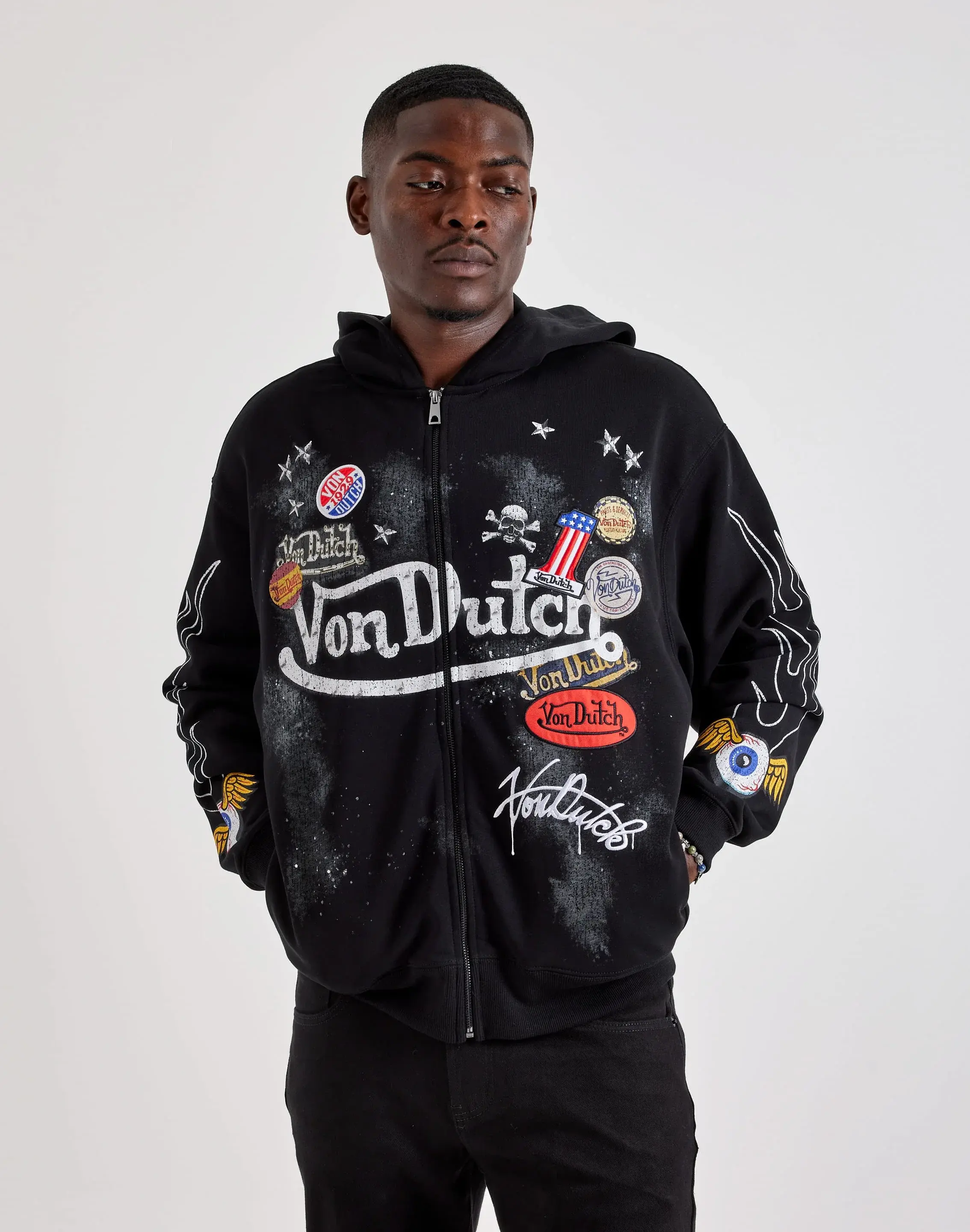 Von Dutch Vintage Collage Washed Full-Zip Hoodie – Hip Hop Y2K Streetwear Fleece Sweatshirt, Retro Graphic Zip-Up Hooded Jacket for Men Women, Washed Urban Casual Fashion, Fall Winter Gift