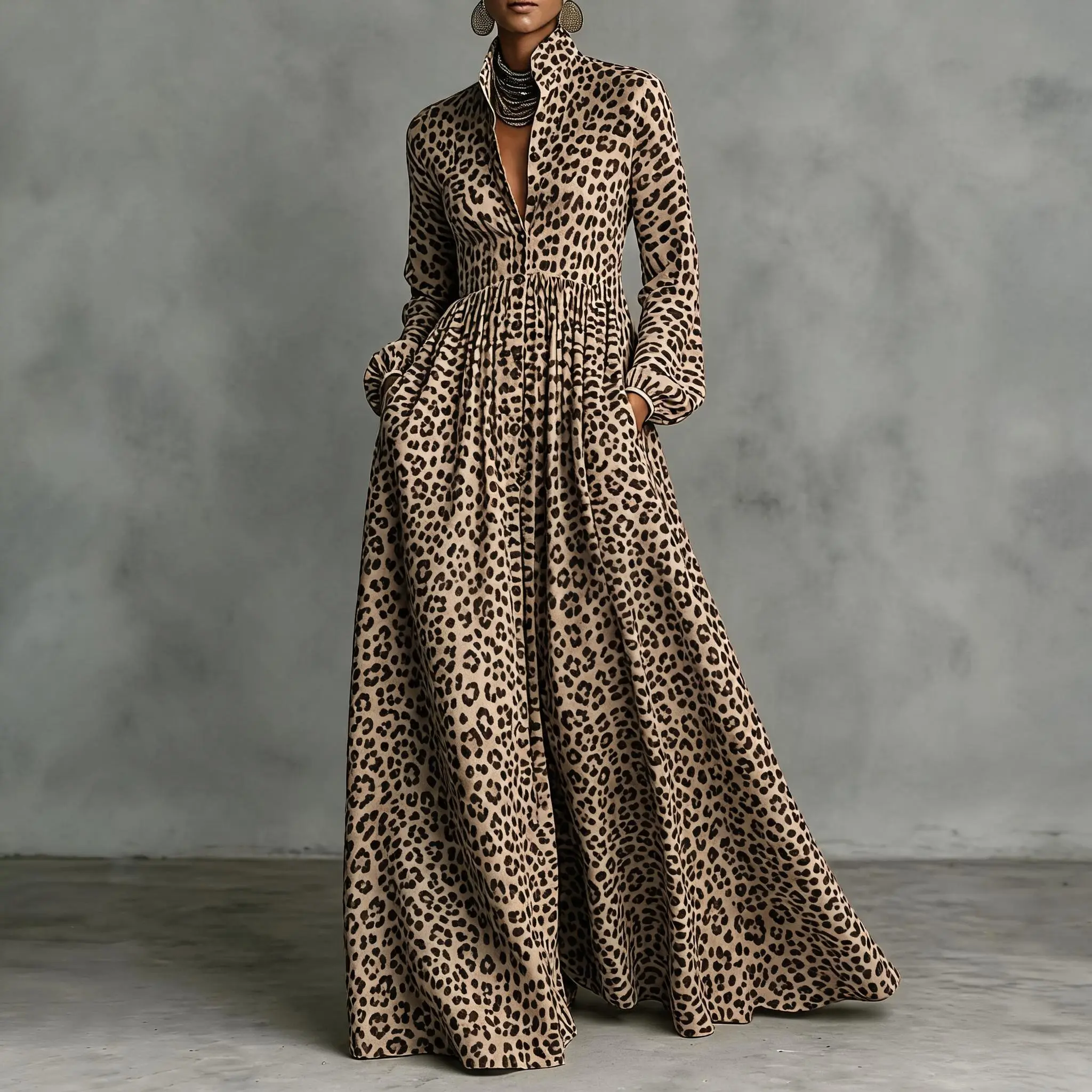 Collared Maxi Dress for Women, Casual A-Line Pleated Leopard Print Long Sleeve Button-Down with Pockets, Casual Wear, Women's Dresses, Lady, Longsleeves, Polyester, Boho Pocket Dress, A-Line Dress