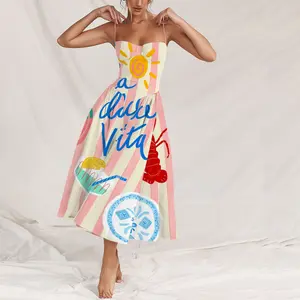 French Elegance Seaside Holiday Striped Printed Princess Dress Women's Midi Graphic A-Line Dress for Daily Life Tropical Flavour Breathable Lightweight Casual Chic Style Loose Fit Minimalist Outfit Top