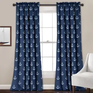 Lush Decor Anchor Light Filtering Window Curtain Panels Pair 52"W x 84"L +2" Navy - Blue Curtains for Bedroom - Living Room Curtains - Nautical Decor