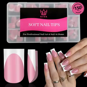 Qiek French Tips Press On Nails - 150Pcs Pink Short Square Soft Gel Nail Tips Pre-Designed, 15 Sizes Fake Nails for Nail Art DIY, False Nails Salon Quality Manicure at Home Gifts For Women