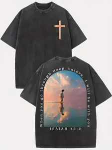 Unisex "Isaiah 43:2" T-Shirt Vintage Wash Design "When You Go Through Deep Waters" Bible Verse & Jesus Walking On Water Graphic Tee Casual Oversized Crew Neck Top Religious Gift For Believers & Church Goers