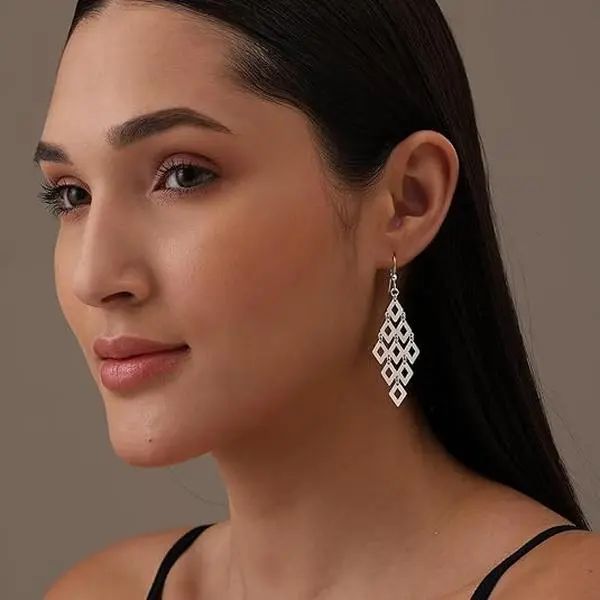 LeCalla 925 Sterling Silver Long Dangle Earrings with Geometric Diamond Shapes for Adults, Elegant Statement Jewelry for Daily & Party Wear, Diamond Shape, Long Drop, Dangling, Drop Earrings, Female, Gifting, High-Quality, Versatile Use, Dangling Earrings