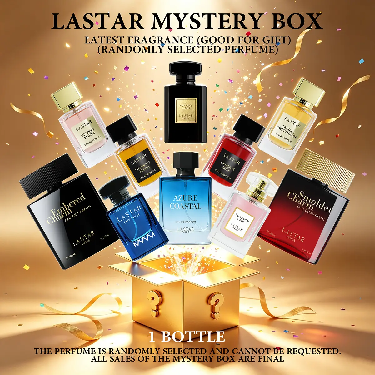 LASTAR Women's & Men's Perfume Mystery Box｜1 Random Bottle out of 10 Premium Scents: Vanilla / Floral / Chypre / Marine / Woody. Ideal for unboxing at social gatherings or as a delightful holiday gift.
