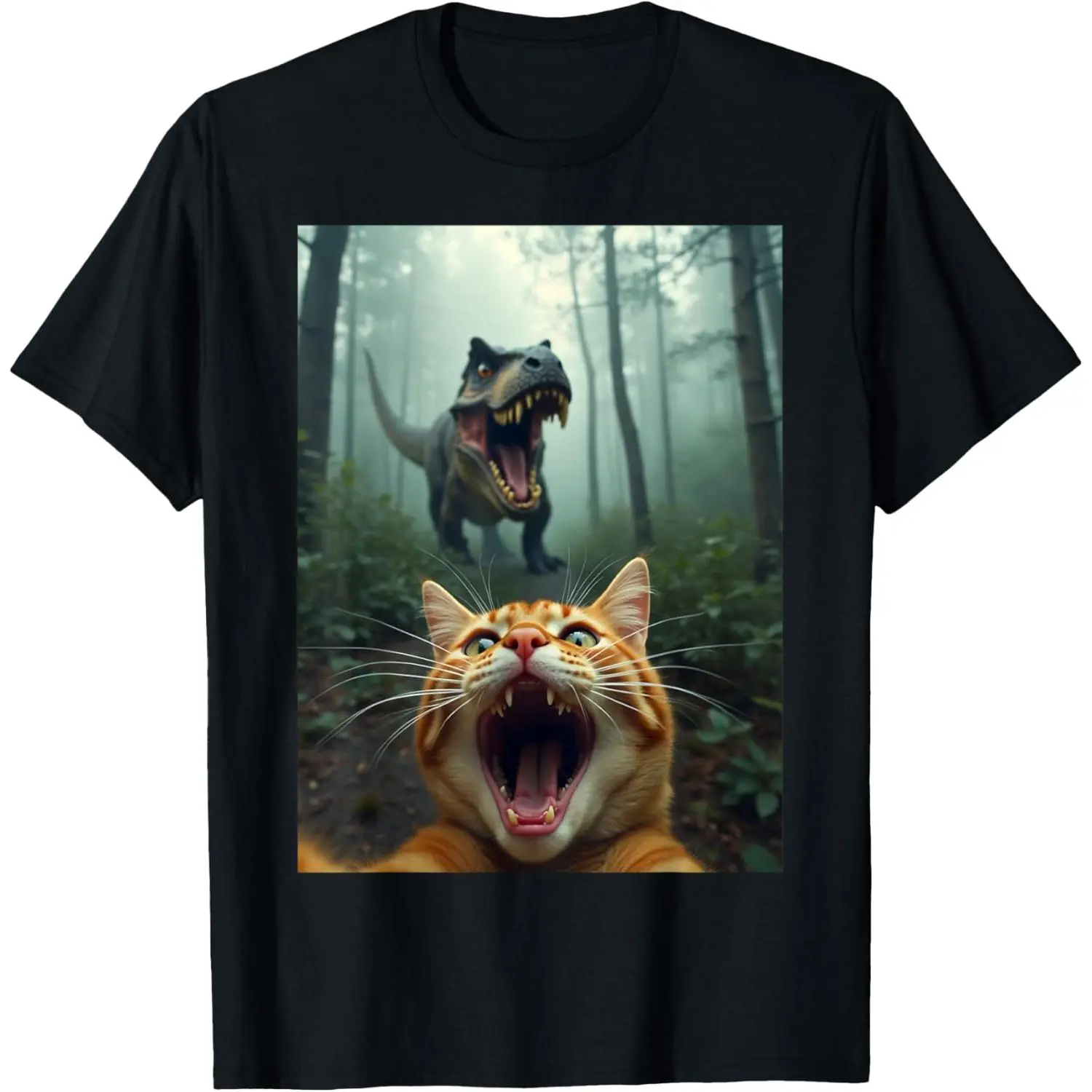 Menswear Casual Short-Sleeve Round Neck Streetwear T-Shirt - Winter Outfits, Cat Selfie With T-Rex Dinosaur Graphic, Shortsleeve, Top, Tshirt