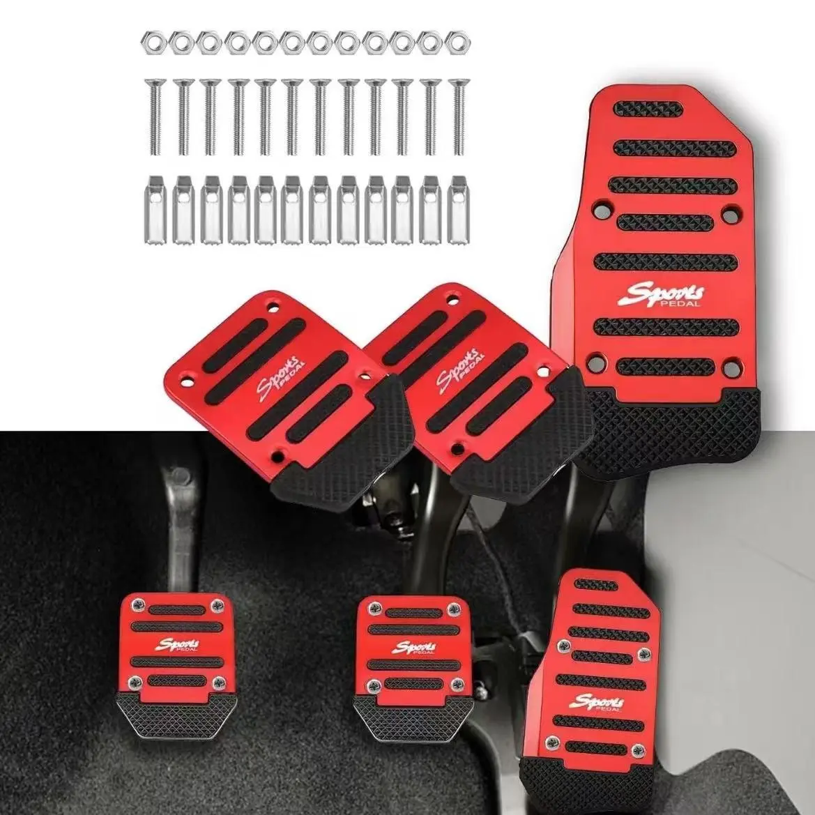3pcs Automotive Anti-Slipping Pedal Covers Set - Stainless Steel-Plastic Caps, Aluminum Alloy Sport Kit with Grip That Stays & Pedal Stays Tight, Durable Decorative Accessories for Cars, Trucks (Red, Blue, Silver)