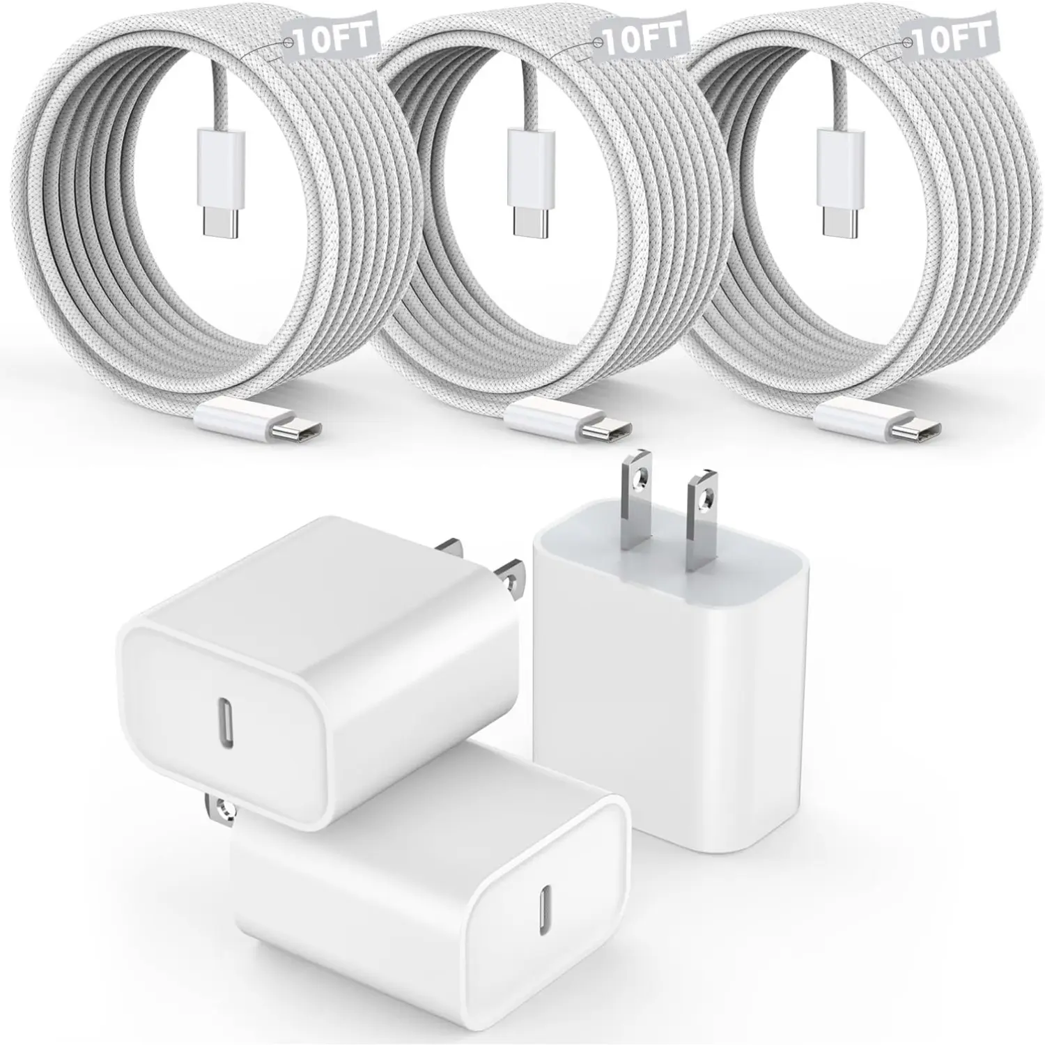 [3 Pack] 20W Fast Wall Charger Block with 10Ft Braided USB-C to C Cable, Electronic Charging Accessory for iPhone 16/16 Pro/16 Pro Max/16 Plus/iPhone 15 Series, Smartphone & Cellphone Mobile Devices, Protection