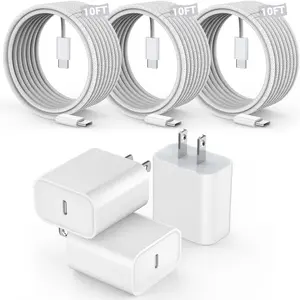 [3 Pack]20W Fast Wall Charger Block With 10Ft USB C to C Braided Woven Cable for iPhone 16/16 Pro/16 Pro Max/16 Plus/iPhone 15/15 Pro/15 Pro Max
