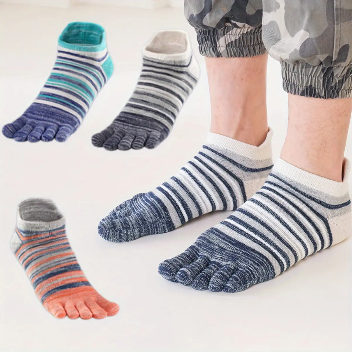 3 pairs of five toe ankle socks - unisex, suitable for running and sports, with striped patterns in multiple colors