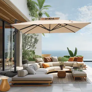 PHI VILLA 10ft Cantilever Patio Umbrella with Base, Square Umbrellas with 360°Rotation, Heavy Duty Hydraulic Design for Dining and Pool Use, Summer's Day