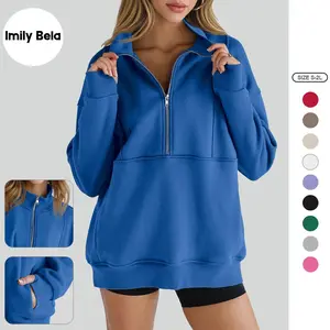 Imily Bela Women's Half Zip Sweatshirts Fleece Stand Collar Long Sleeve Thumb Hole Oversized Pullovers with Pockets