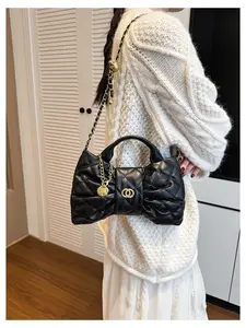 Vintage Style PU Bow Quilted Shoulder Bag with Chain, Multi-Purpose Casual and Office Handbag, Crossbody Bag for Women