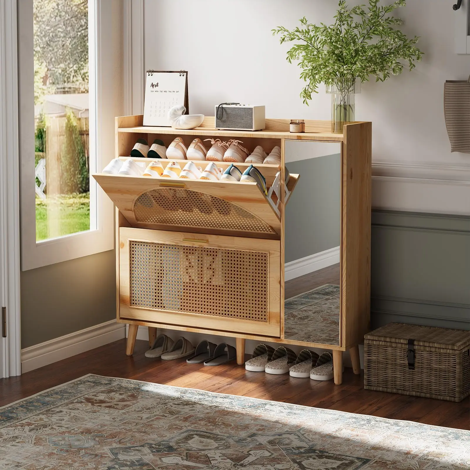 Rattan Freestanding Shoe Cabinet with Mirror/ 2 Flip Drawers Perfect for Entryway, Closet, Hallway – Easy Assembly