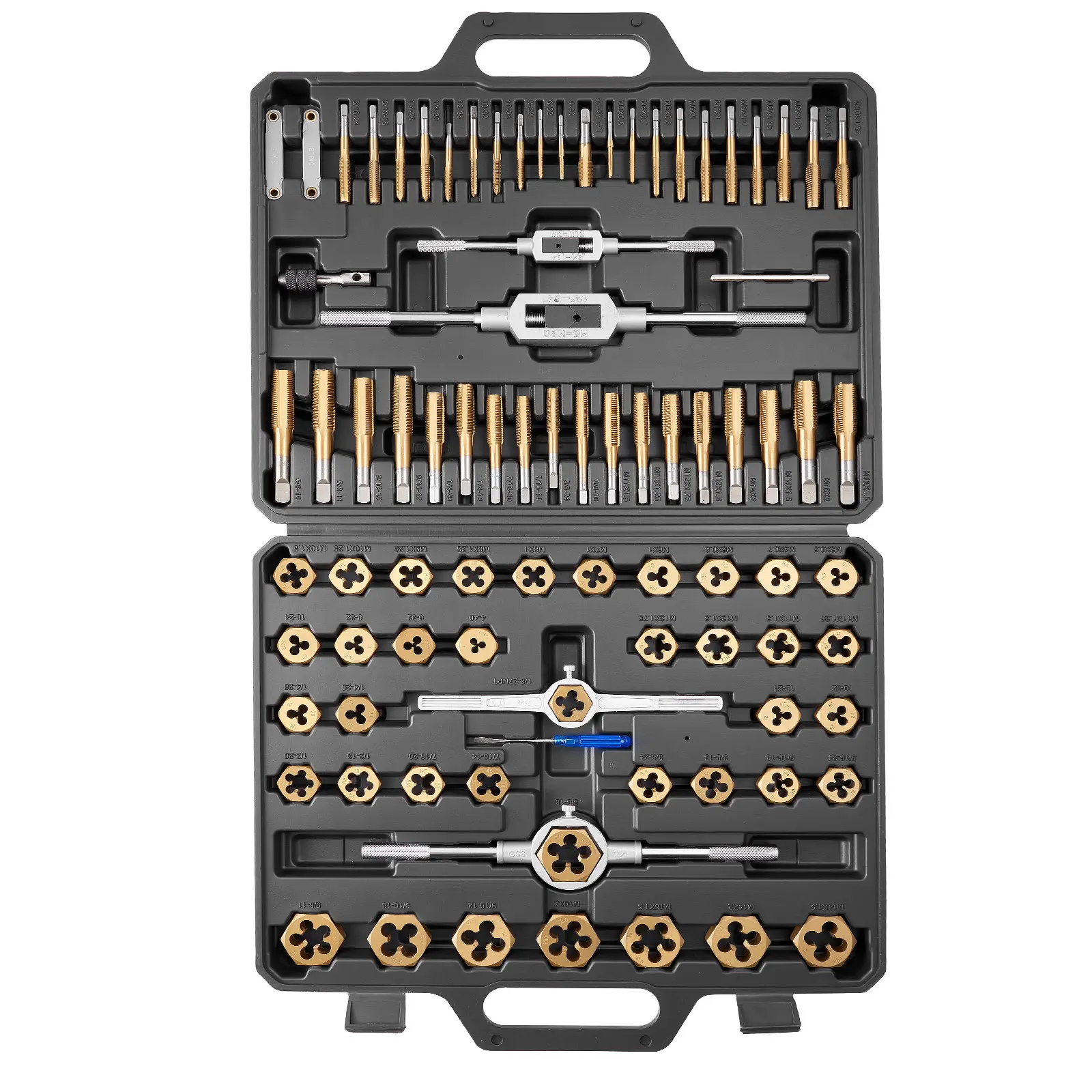 【summerfinds】VEVOR 86-Piece Tap and Die Set with Adjustable Wrench, Titanium Coat, Carrying Case, Steel Core & Aluminum Alloys, Thread Pitch Gauge, Metric (M3-M12) & SAE (#4-5/8") Coarse/Fine Threads for Cutting, Extended Tool Life, Metric+Sae, Cast Iron,
