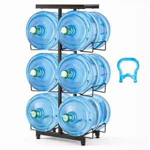 【fathersdaygift】VEVOR Water Jug Holder, 4 Tiers Double Rows 3 and 5 Gallon Water Bottle Holder for 6 Bottles, Heavy Duty Jug Rack Organizer with Handles, Foldable for Kitchen, Office, Living Room, Black and Brown