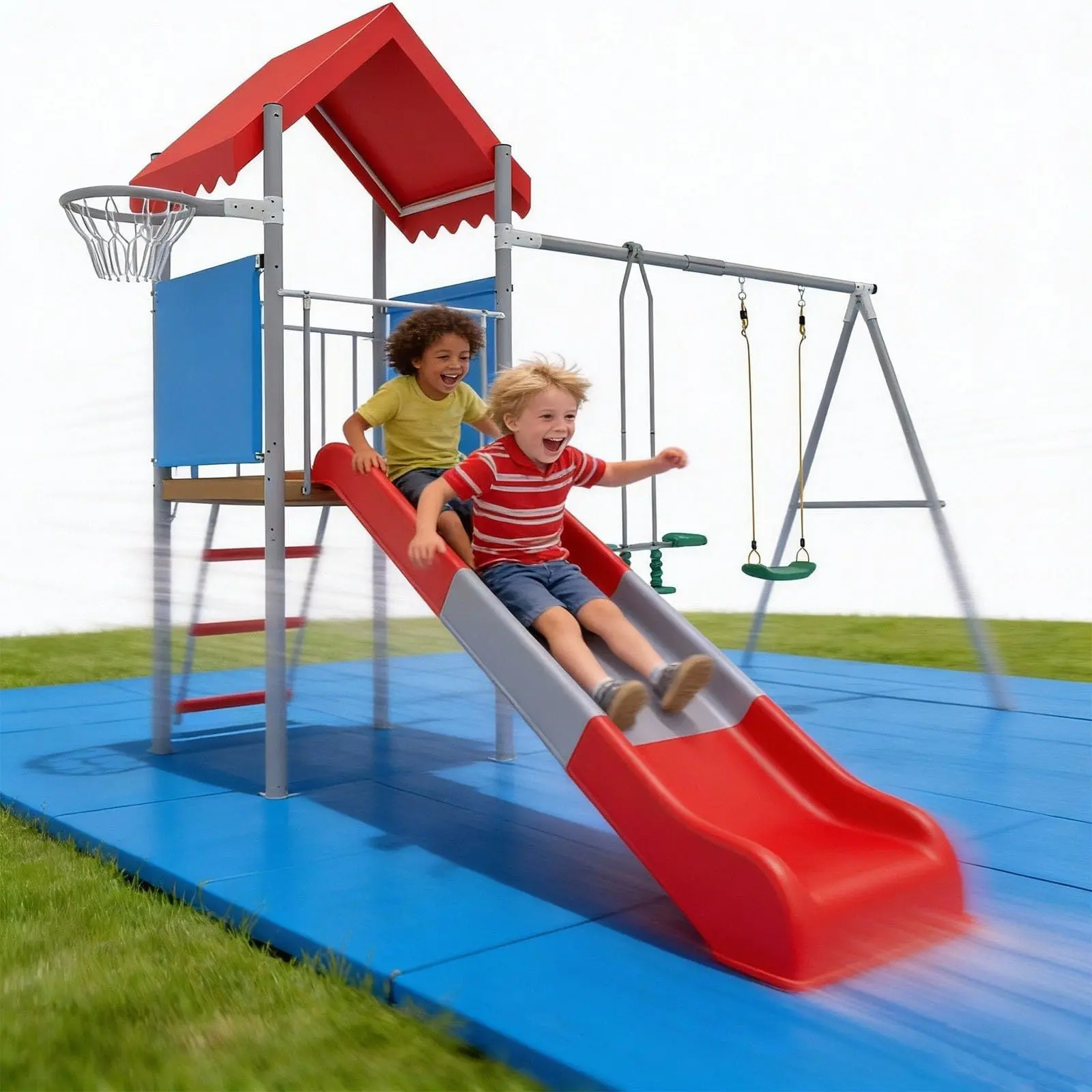 【GAOMON】Galvanized Steel Playground Equipment - Durable Toddler Slide Playset with Treehouse Platform, Basketball Hoop, Smooth Kids Slide, Space-Efficient Backyard Outdoor Gear, Ideal Children's Day Gift