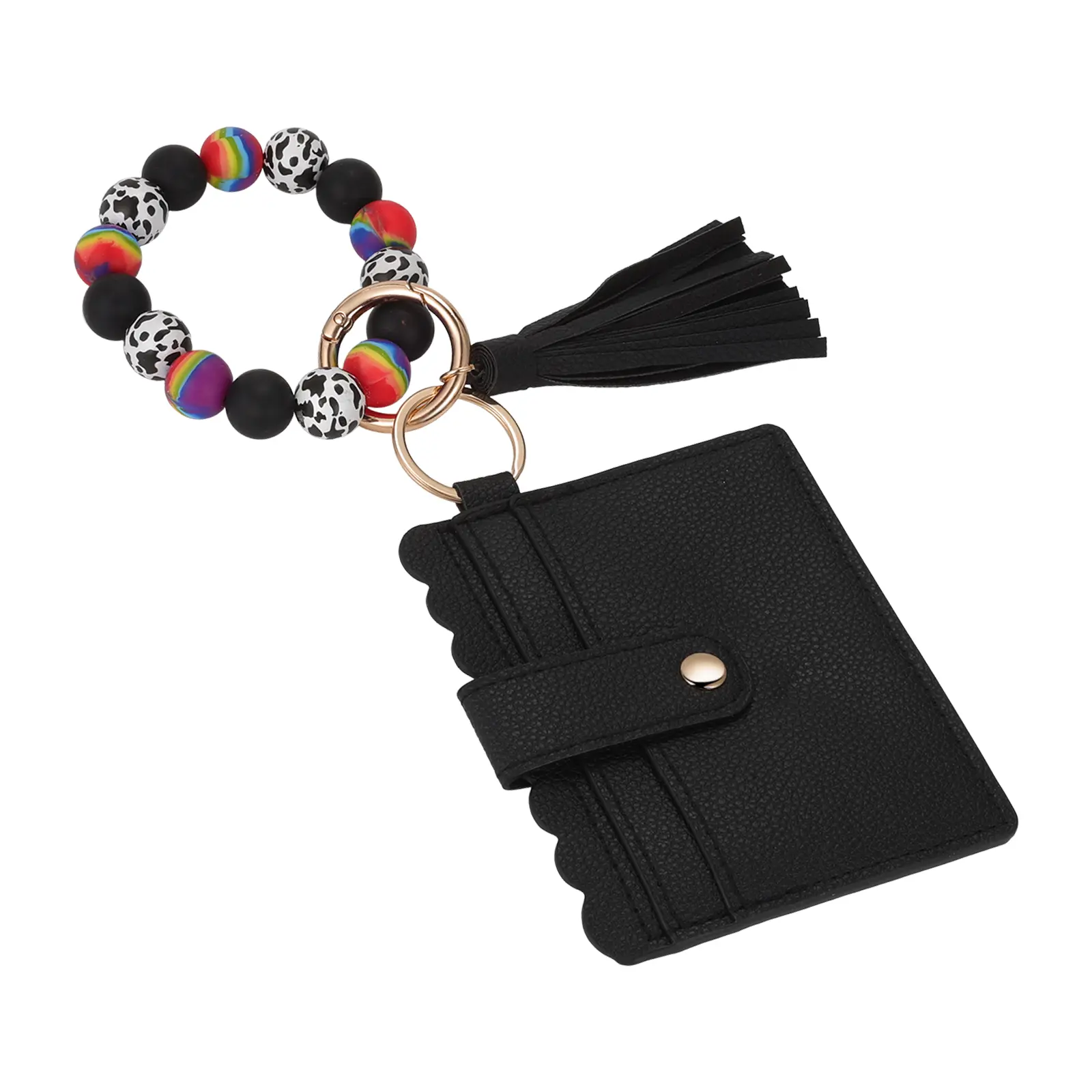 OIDEA Silicone Beads Keychain Wallet, PU Leather Card Holder with ID Window and Tassels, Unisex Wristlet Bangle for Commute Ready Hands-Free Carry, Compact Wallet