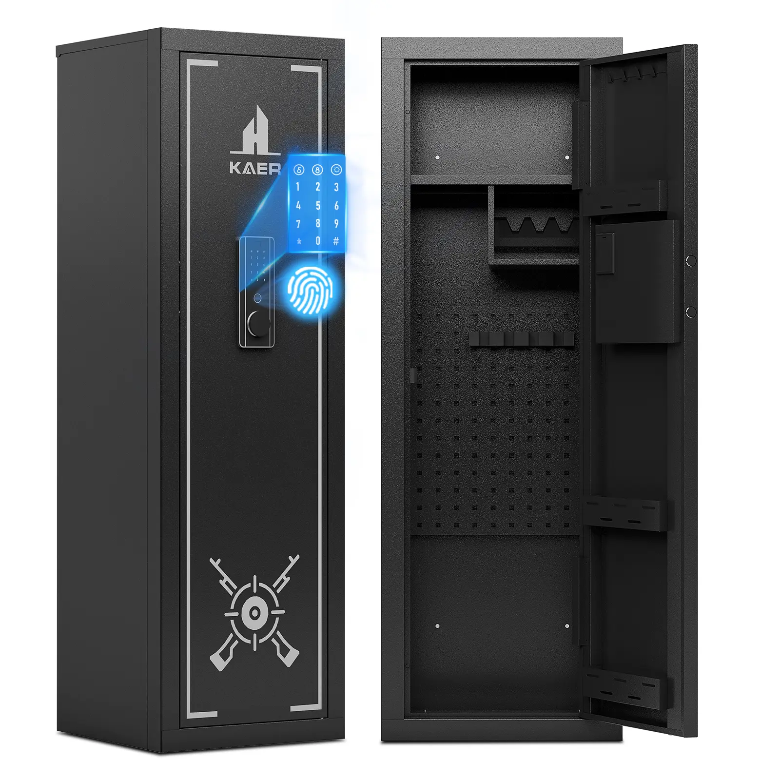 KAER 14-15 Gun Unassembled Safe for Rifles & Pistols, Quick Access Biometric Fingerprint Lock, Large 57" Rifle Safe with Adjustable Racks & Pistol Storage, Heavy Duty Home Defense & Child Safety Cabinet (Assembly Required)