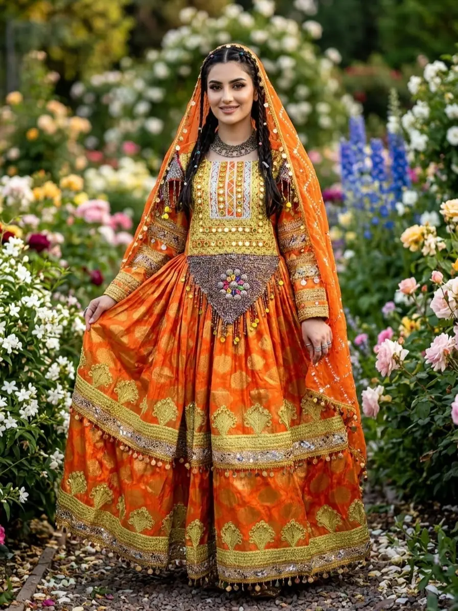 Women's Islamic 1-Piece Full-Length Maxi Gown, Authentic Cultural Craftsmanship Handmade Multicolor Embroidery, Long-Sleeve Formal Wedding Party Modest Fashion Apparel with Veil, Clothes, Matching, Ethnic, Outfits, Vibrant Embroidery, Afghan Heritage, All