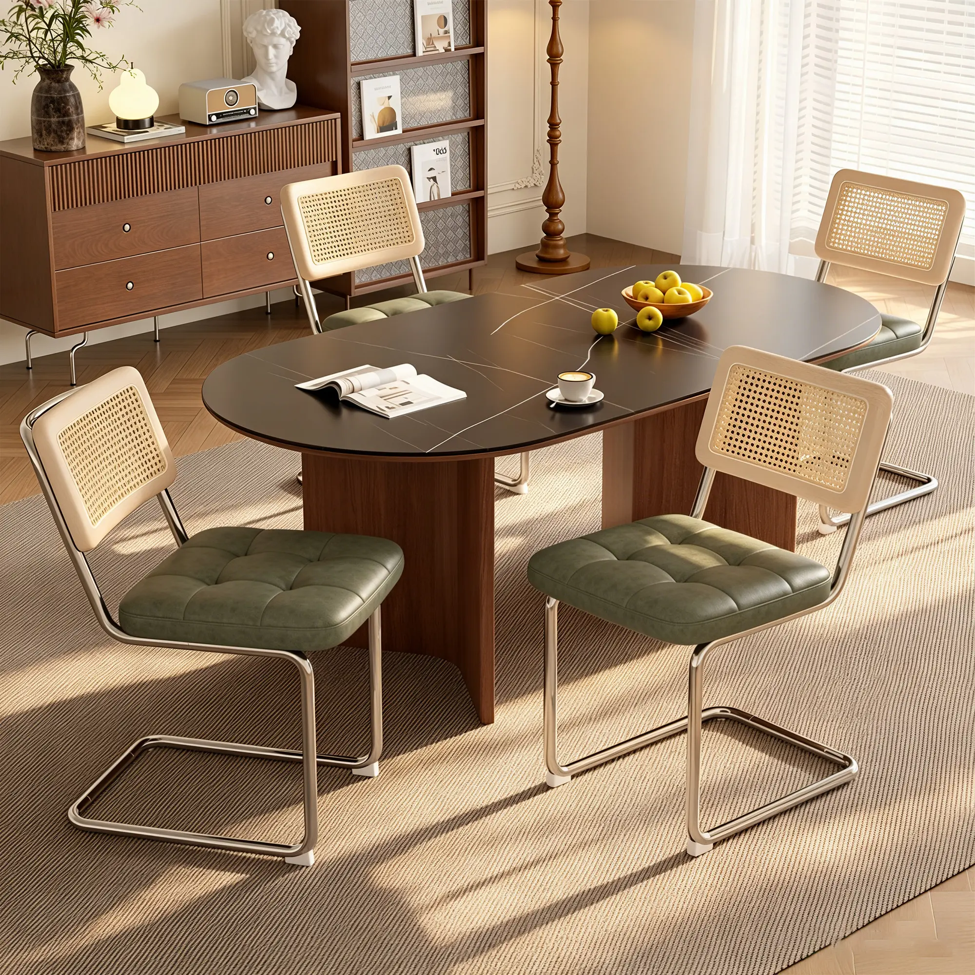 Rattan Dining Chairs Set of 4,Upholstered Mid-Century Modern Dining Room Chairs with Cane Backrest,Retro Kitchen Chairs with Stainless Chrome Base