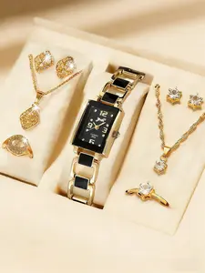 Women Luxury Watch Elegant Jewelry Set, Analog Quartz Movement, Metal Case, Square Face, Casual Style, Perfect Gift for Valentine's Day