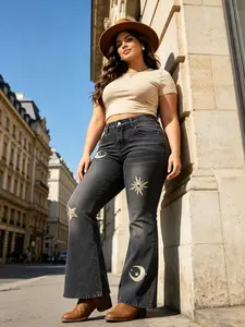 High Waist Flare Jeans for Women Black Vintage Bootcut Denim Moon Star Embroidered Gold Print Legs Decorative Waistband Stretchy Stretchable Slim Fit Bell Bottom Pants Casual Office Date Concert Streetwear All Season Womenswear