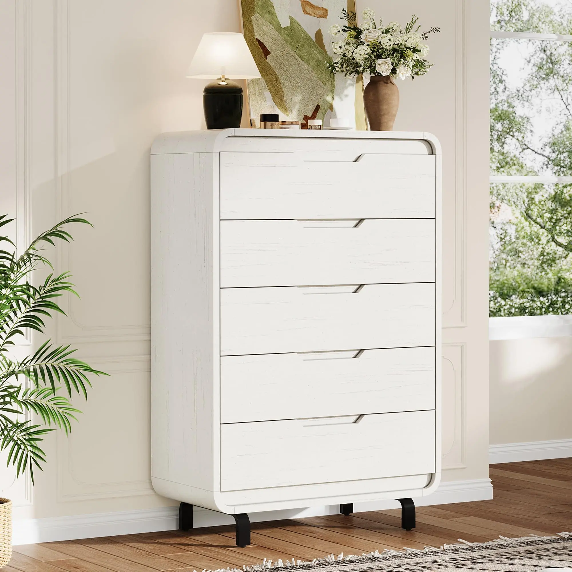 GARVEE 5-Drawer Rectangular Wooden Dresser - 48" Tall Modern Large Storage Chest for Bedroom, Living Room, White